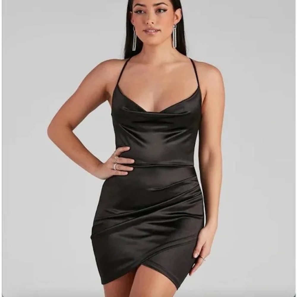 Windsor medium black satin wrap cocktail dress